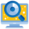 Icon representing research, digital marketing analysis, and data insight (Magnifying glass over computer screen).