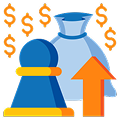 Icon representing revenue growth, financial strategy, and economic development (Money bag and upward arrow).
