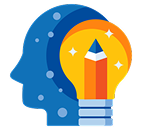 Icon of a human profile silhouette containing an orange lightbulb with a yellow pencil inside, representing ideas, creativity, and expertise. Icon representing expert knowledge, creative strategy, and thought leadership (Lightbulb with pencil inside a profile).